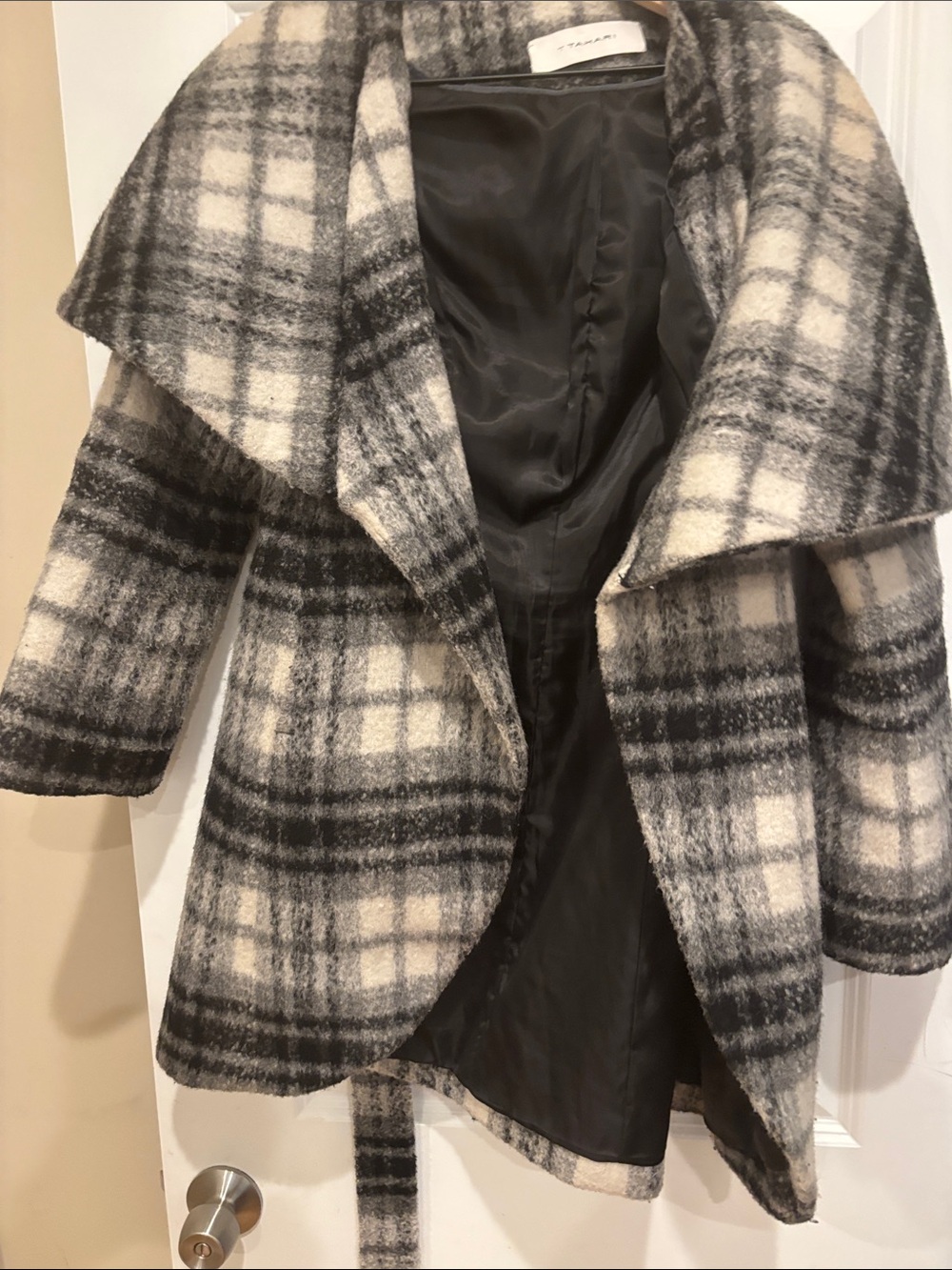 T Tahari Black and White Plaid Belted Trench